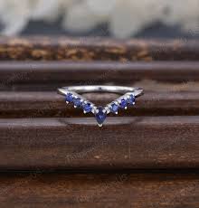 Pear Blue Sapphire Curved Wedding Band Unique White Gold Wedding Ring Women  Vintage Diamond Pave Band Bridal Stacking Match Promise Gift