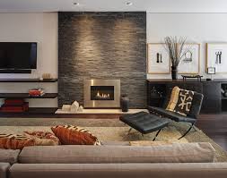 Floating Shelves Next To Fireplace Living Room Contemporary With Wall Mounted Tv Black Leather Beautiful Houses Interior Interior Design Modern Stone Fireplace