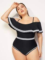 Plus Striped Flounce Off Shoulder One Piece Swim Plus Swimwear Plus Size Swimwear Plus Size Swimsuits