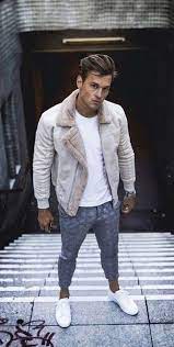 Men S Grey Shearling Jacket White Crew Neck T Shirt Grey Gingham Wool Dress Pants White Leather Low Top Sneakers Winter Outfits Men Mens Outfits Mens Casual Outfits