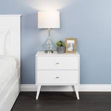 This nightstand is constructed of laminated particleboard for a cost effective build that is both trendy and functional. Milo Mid Century Modern 2 Drawer Nightstand Prepac Mfg