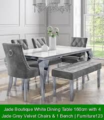 Jade Boutique White Dining Table 160cm With 4 Jade Grey Velvet Chairs 1 Bench Furniture123 255726 Dining Table Diningtable 2020 Ev Dekoru Tasarim Mobilya