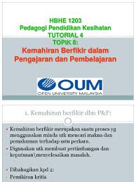 Kursus ini bertujuan mendedahkan pelajar dengan pengetahuan asas tentang pemikiran dan kemahiran berfikir serta bagaimana mereka dapat menerapkan pengajaran kemahiran berfikir dalam proses pengajaran dan pembelajaran. Topik 8 Kemahiran Berfikir Dalam Pengajaran Dan Pembelajaran