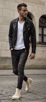This kind of fashion round toe ankel chelsea boots for men, are all suitable for various formal and informal occasions like office, business. Maglu Fall Combo Inspiration White V Neck T Shirt Black Leather Zipper Jacket Black Distress Denim Outfit Men Chelsea Boots Men Outfit Mens Casual Outfits