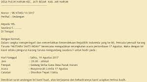 Ada berbagai contoh surat undangan dengan berbagai jenis kegiatan seperti surat undangan rapat, pernikahan, reuni, dan sebagainya. Contoh Surat Undangan Rapat Karang Taruna Desa Acara 17 Agustus