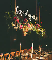 With this wedding centerpiece idea, you can bring your rustic look to life with candles, string and greens. Hanging Wedding Centerpieces Ruffled