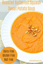 Roasted Butternut Squash Sweet Potato Soup Vegan Gluten Free Recipe Butternut Squash Sweet Sweet Potato Soup Savoury Food