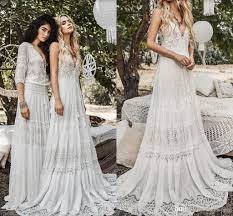 Discount 2019 Bohemian Wedding Dresses Halter Deep V Neck Luxury Embroidery Sweep Train Backless Bridal Gowns Custom Made Beach Boho Wedding Dress Wedding Dress Backless Bridal Gowns Bohemian Beach Wedding Dress