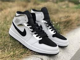 Jordan 1 Mid Patent Black White Gold On Feet 2019 Air Jordan 1 Mid Alternate Think 16 White Silver Black Shoes Air Jordans Jordan 1 Mid Black Shoes
