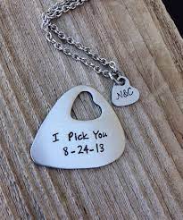 Personalized Guitar Pick Hand Stamped Jewlery His And Her Gift Etsy Boyfriend Gifts Steel Anniversary Gifts Guitar Pick Jewelry