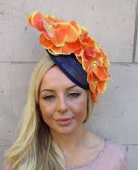 Navy Blue Orange Orchid Flower Saucer Disc Hat Fascinator Headband Hair  Band Wedding Guest Floral Hatinator Races Ascot Unique U1b71uu
