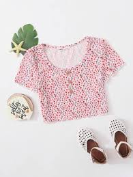 Check spelling or type a new query. Girls Button Front Rib Knit Crop Top Shein Usa Ditsy Floral Top Floral Tops Girls Tshirts