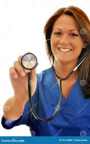Smiling Female Nurse with Stethoscope at Camera Stock Photo