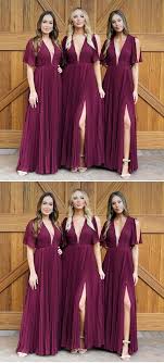 A Line V Neck Pleats Dark Red Chiffon Bridesmaid Dress With Split In 2019 Maroon Bridesmaid Dresses Burgundy Bridesmaid Dresses Long Bridesmaid Dresses With Sleeves
