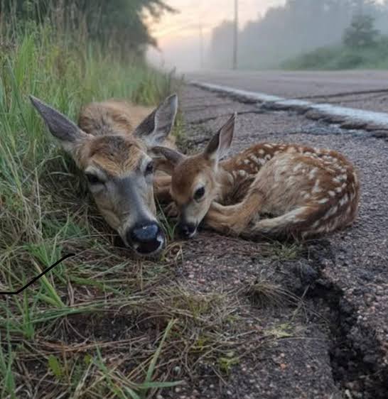 Baby Deer lies beside his mother's body hoping that she will Breathe Again  😢 This deer was standing next to the body as if waiting for the mother to  wake uр. The
