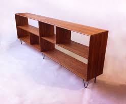 Mid Century Modern Style Bookcase Record Shelf Entry Way Table With Shelves Solid Caramelized Bamboo With Hairpin Legs