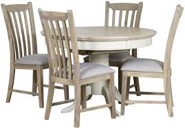 With clean casual styling, this dining table features a richly grained oak veneer inlaid top finished in a soft gray with hints of brown undertones, atop a sturdy elm wood sled base. Mark Webster Lily Round Extending Dining Table And 4 Slatted Dining Chairs Grey Cashew Cfs Furniture Uk
