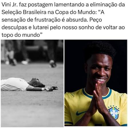 Ap&oacute;s alguns dias em sil&ecirc;ncio, Vin&iacute;cius J&uacute;nior se pronunciou sobre a elimina&ccedil;&atilde;o da Sele&ccedil;&atilde;o Brasileira nas oitavas de final da Copa do Mundo. Em um desabafo nas redes sociais, o atacante falou
