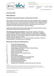 The shutdown will commence from 18h00. Johannesburg Water On Twitter Joburgupdates Rand Water Major Water Shutdown To Affect Parts Of The City Cityofjoburgza P