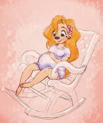 black kitty, roxanne (a goofy movie), a goofy movie, rubbing stomach,  commentary, english commentary, highres, 1girl, aged up, belly, big belly,  breasts, chair, flower, flower on head, hands on own stomach, long