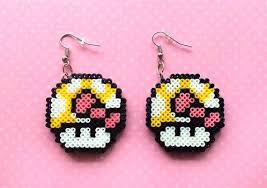 Mario Mushroom Inspired Earrings Geeky Jewelry Etsy Perler Bead Art Perler Bead Patterns Mini Hama Beads