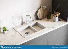 white marble kitchen sink, top view