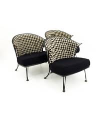 Betterland outdoor furniture 5pcs (6 seats) patio conversation sets (glider, loveseat, coffee table, 2 chairs) swing glider wrought iron frame patio metal lounge chairs set with red cushions. Salterini Mid Century Outdoor Wrought Iron And Black And White Houndstooth Patio Chairs Set Of 3