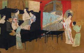 gu hongzhong 顾闳中 五代顾闳中韩熙载夜宴图 暂歇 段 第三段间息描绘的是宴会进行中间的休息场面 人物安排相对松散 韩熙载在侍女们的簇拥下躺在内室的卧榻上 一边洗手 一边和侍女们交谈着 也是整个 painting chinese drawings chinese painting