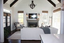 Family Room Floor To Ceiling Shiplap Vaulted Ceiling And Dark Stained Beams Familyroom Ship Shiplap Living Room Beams Living Room Vaulted Ceiling Living Room