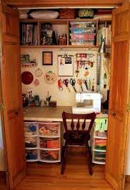 How to organize a craft room ~ this craft room color palette and pattern play is simply gorgeous! Craft Closet Click Image To Find More Organization Pinterest Pins Sewing Room Design Sewing Room Organization Small Sewing Space