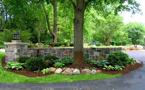 New front entrance to house with curved steps and victorian tiles. Beautiful Stone Garden Walls Driveway Entrance Landscaping Driveway Landscaping Entrance Landscape