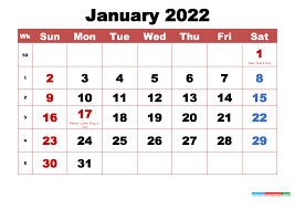 January 2022 Calendar With Holidays Printable