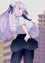 nikukaiq, fujido oriko, giant ojou-sama, commentary request, highres,  1girl, :d, black pantyhose, blue eyes, blue skirt, blunt bangs, breasts,  cowboy shot, drill hair, fang, large breasts, long hair, looking at viewer,  looking