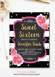 Black And White Stripe Invitation Template Free Floral Sweet 16 Invitation Black White Stripe Sweet Sixteen Birthday Invitation Pink Watercolor Florals Confetti Printable Invite 16th Birthday Invitations Sweet Sixteen Birthday Invitations Sweet 16 Invitations