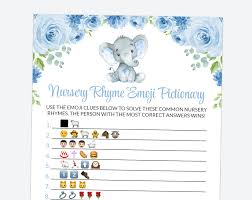 It is in orange color and decorated with cute here is the answer key for this free printable baby shower nursery rhymes emoji game. Baby Elephant Nursery Rhyme Emoji Pictionary Baby Shower Game