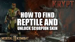 There are three primary uses for the shrine in the mk11 krypt — to get kronika's amulet, to get gear pieces, and to get skins you haven't yet found in the krypt. Mortal Kombat 11 How To Find Reptile And Unlock Scorpion Skin Youtube