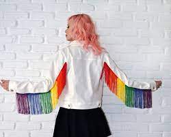 Rainbow Fringe Denim Jacket White Black Denim Men S Etsy In 2021 Denim Women Fashion Women