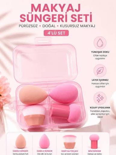 4 lü kutulu fırçalı makyaj süngeri pembe