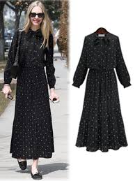 Black Tie Neck Casual Pleated Polka Dots Dress Dresses Polka Dot Dress Long Sleeve Dress