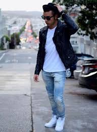Men S Black Leather Biker Jacket White Crew Neck T Shirt Light Blue Jeans White High Top Sneakers Best Leather Jackets Blue Jeans Outfit Men Mens Fashion Denim