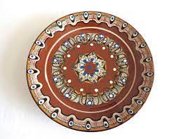 Vintage Bulgarian Folk Hand Painted Red Clay Traditional Plate Troyan Pottery Folk Art Decorative Plate Home Decor Hand Painted Pottery Decorative Tile