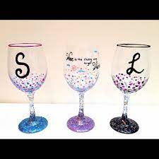 Diy Girls Night In Wine Glasses My Friends And I Bought Plain Wine Glasses From The Dollar Store Girls Night Crafts Crafts For Girls Girls Craft Night Ideas