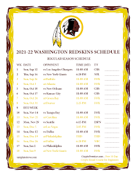 Printable 2021 2022 Washington Redskins Schedule