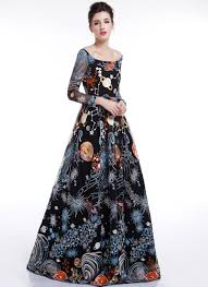 Black Galaxy Print Floor Length Evening Dress With Colorful Outer Space Embroidery And Long Sleev Maxi Dress Evening Evening Dress Floor Length Evening Dresses