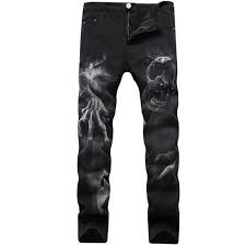 Black And White Split Jeans Mens Mens Skull Printed Black Jeans Skullflow Https Www Skullflow Com Collections Mens Skull Clothing Produ Denim Jeans Men Mens Casual Jeans Slim Fit Trousers