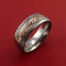 Damascus Steel Ring With 14k Rose Gold Mokume Shakudo Inlay Custom Made Band Damascus Steel Ring Mokume Gane Ring Mens Wedding Bands