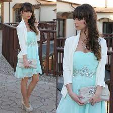 Gorgeous Light Blue Dress With A Light Cardigan Paired With Matching Neutral Colored Clutch And Heels Mint Dress Fancy Dresses Dresses