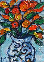 Abstract vase of flowers painting. Orange Flowers In White Vase Abstract Miniature Palette Knife Oil Painting Painting By Mona Edulesco