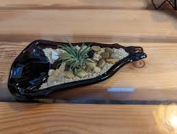 Beer Bottle Dish With Black Stones, Airplant and Small Stone Elephant