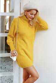 Click On The Photo To Shop This Sweater Dress Yellow Turtleneck Jumper Dress Warm Pullover Office S Warm Dresses Chic Winter Outfits Winter Pullover Outfits